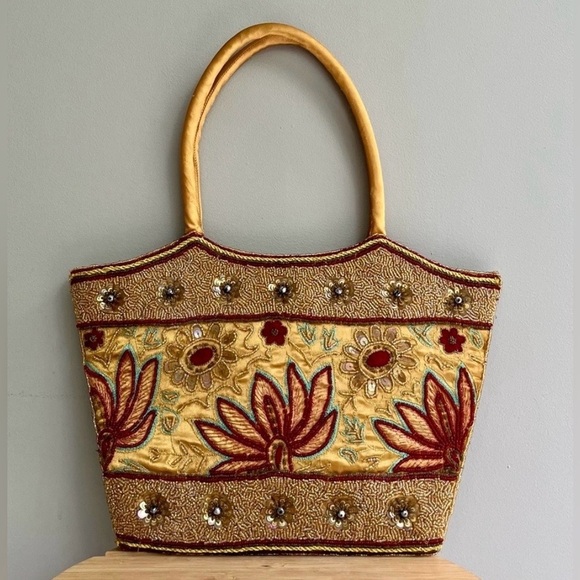 Handbags - Hand Beaded Silk Indian Tote Bag | Gold Floral Embroidery
